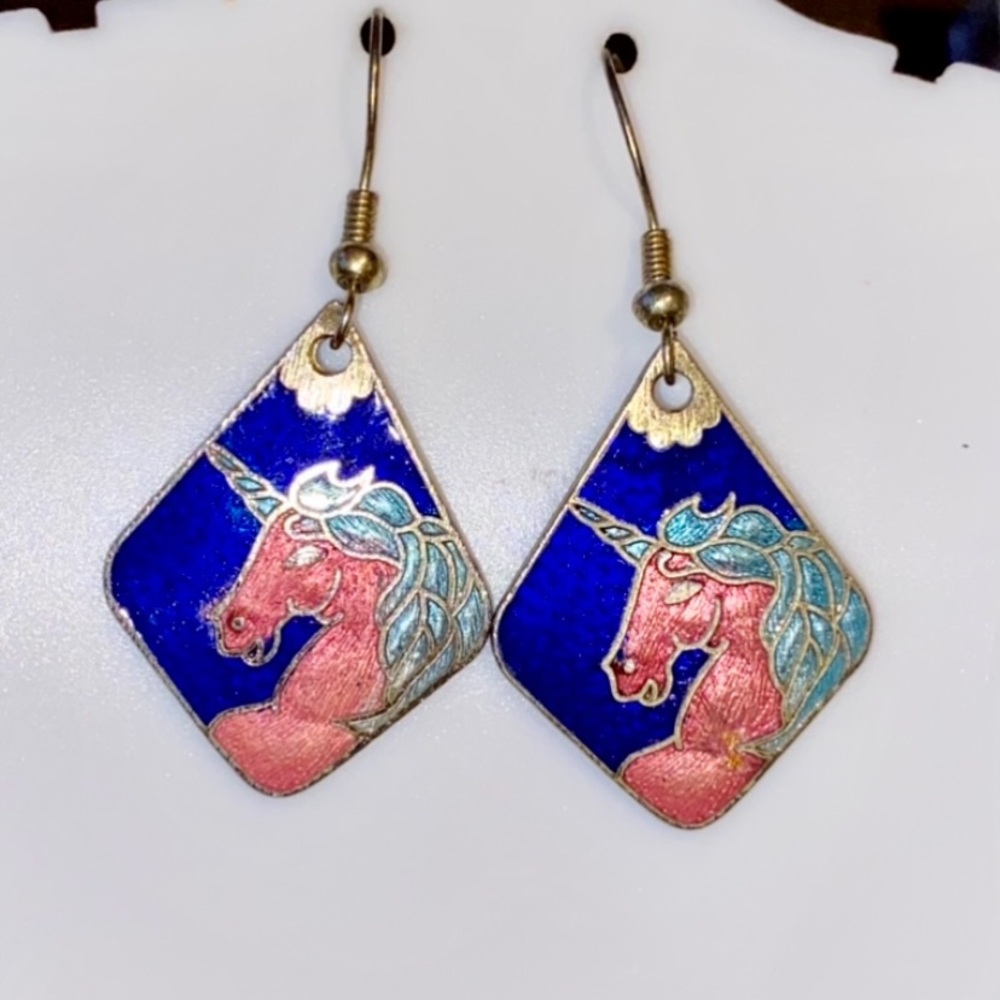40 YEARS OLD VINTAGE UNICORN ENAMEL DANGLE EARRINGS